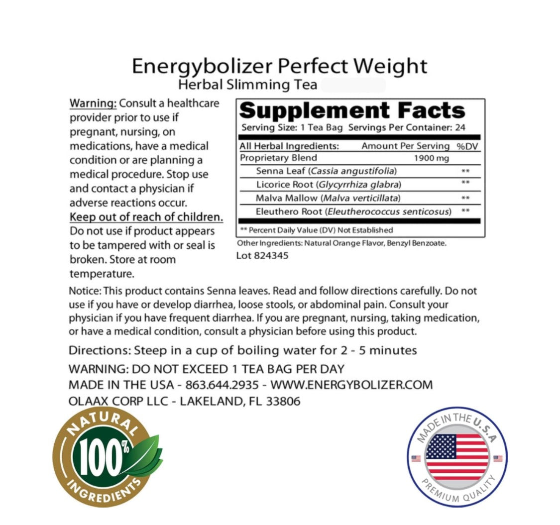 (Copia) Energybolizer Perfect Weight Herbal Tea (24 Bags)| Natural Energy Booster for Women and Men | Increase Energy, Improve Digestion (Orange)
